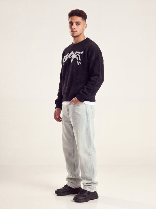 Black Mohair-Look Knitted Crewneck