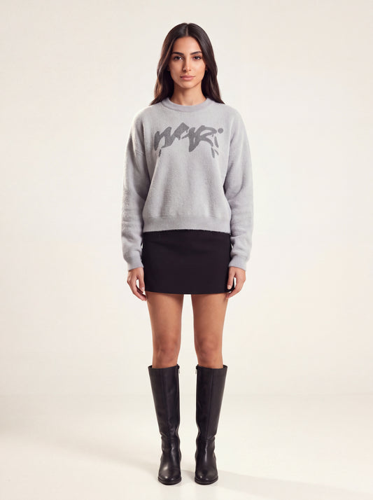 Gray Mohair-Look Knitted Crewneck